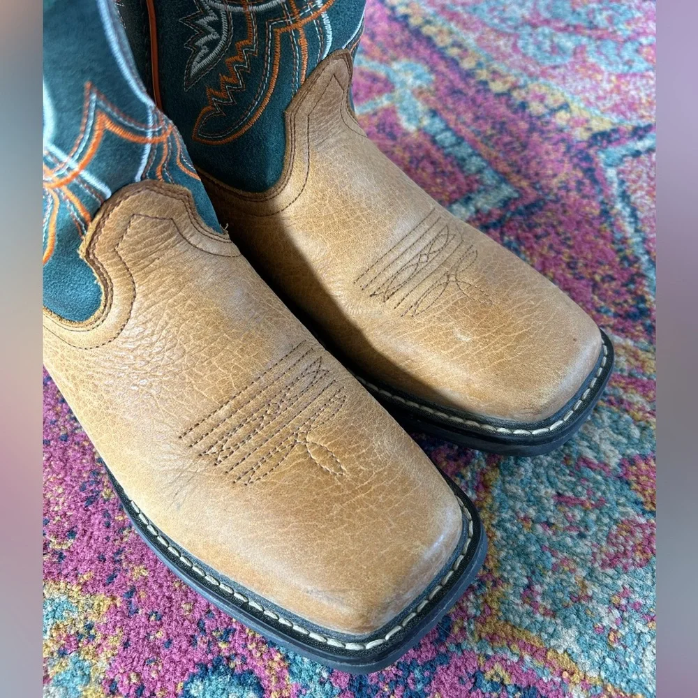 Ariat | Kids Brown Leather Orange/Green Design WorkHog XT Coil Western Boot 3.5